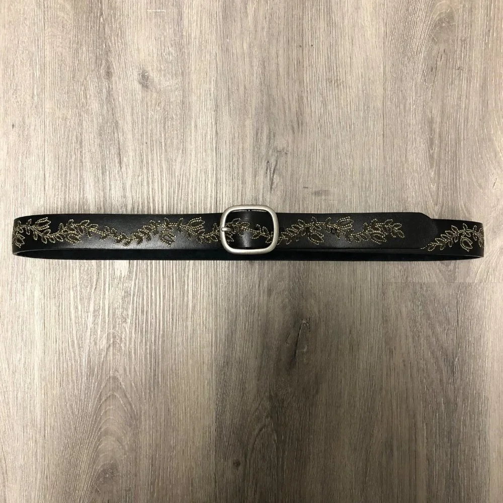 Vintage Black Leather Belt Floral Embroidery Silver Tone Large Statement Buckle